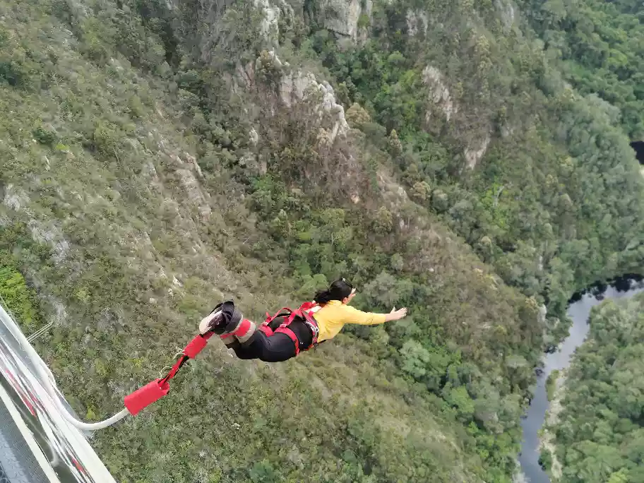 Bungee jumper diving mid-air into the river gorge below