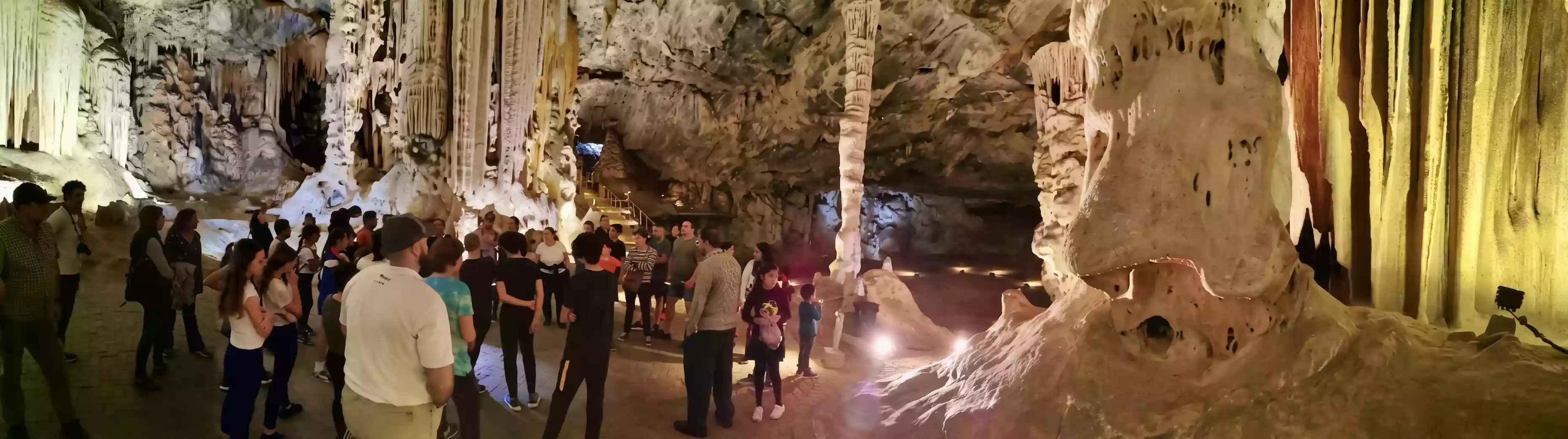 Illuminated panorama inside the Cango Caves