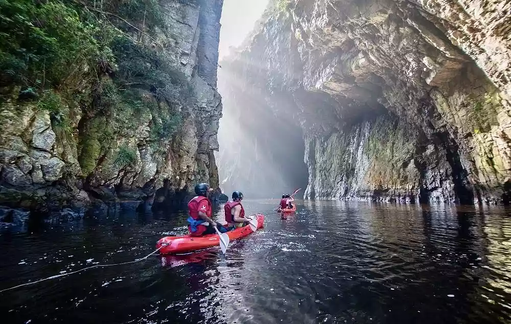 Travelers in twin ocean kayaks paddling into the deep river canyon walls